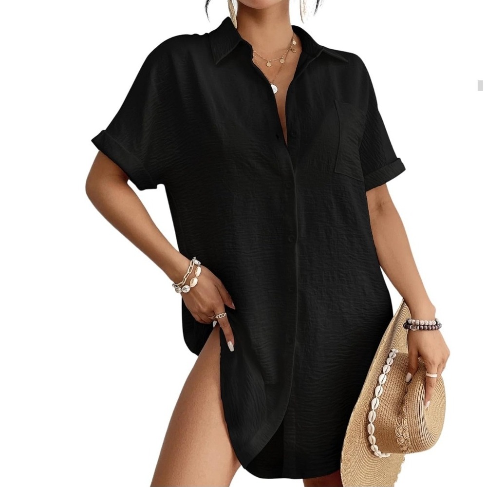 Bsubseach Black Button Down Swim Cover Up Shirt Short Sleeve Textured Size Small